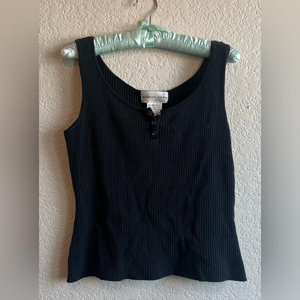 August Silk Black Fitted Buttoned Tank Top